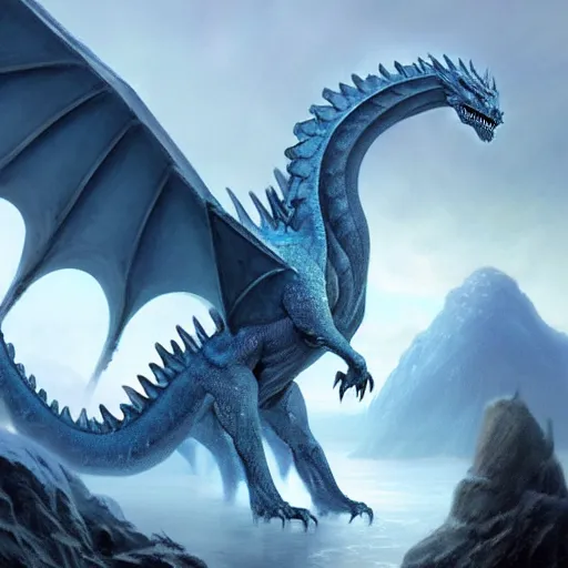 Prompt: A highly detailed fantasy concept art matte oil painting by Greg Rutkowski and Thomas Kinkade of a very realistic, huge ancient ice dragon with lots of crystal blue scales, flying through the clouds over some tall snowy and icy mountains with lots of rocks in the early morning with the sun blocked by all the clouds, light blue and dark blue color scheme, D&D artwork.