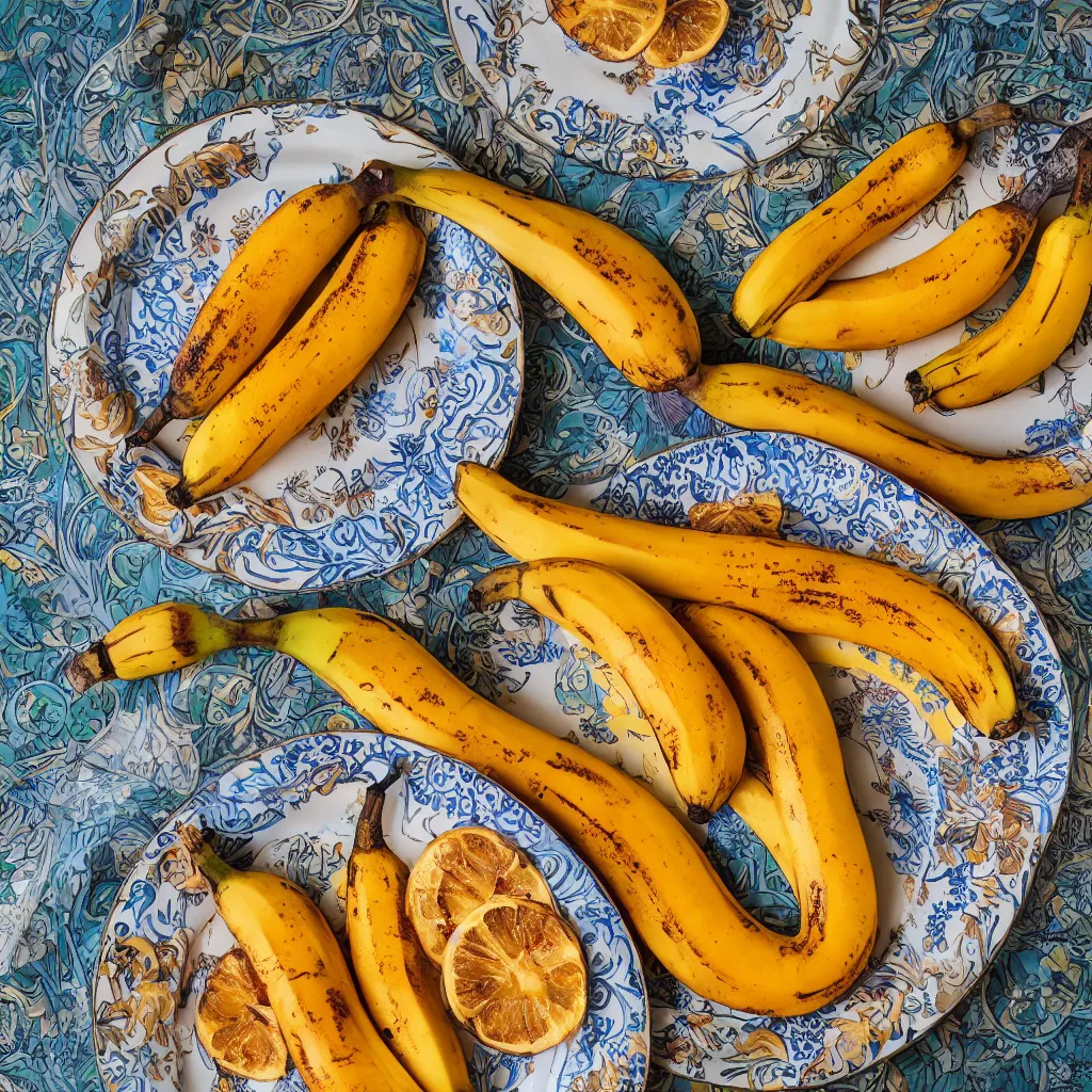 Image similar to very long roasted bananas with cut orange slices, on art nouveau embroidered designer plate with flowery pattern closeup, hyper real, food photography, high quality