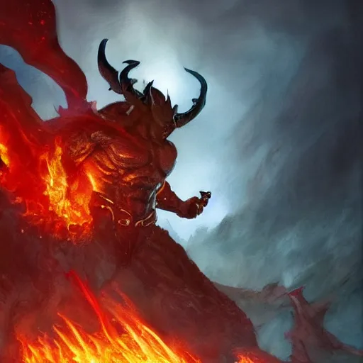 Image similar to surtur during ragnarok, artstation hall of fame gallery, editors choice, #1 digital painting of all time, most beautiful image ever created, emotionally evocative, greatest art ever made, lifetime achievement magnum opus masterpiece, the most amazing breathtaking image with the deepest message ever painted, a thing of beauty beyond imagination or words