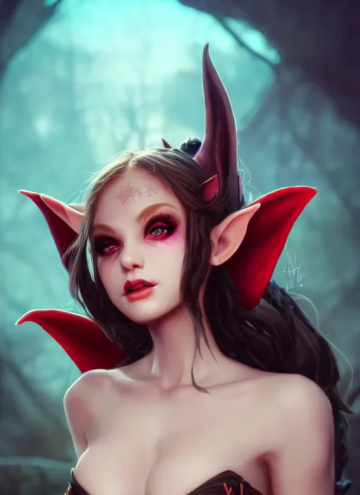 Image similar to imp demon goddess, cute elf ears, strapless dress, character portrait in the style of thomas river and artgerm, cinematic lighting, hyperdetailed, 8 k realistic, symmetrical, global illumination, radiant light,, frostbite 3 engine, cryengine, dof, trending on artstation, digital art, chanel