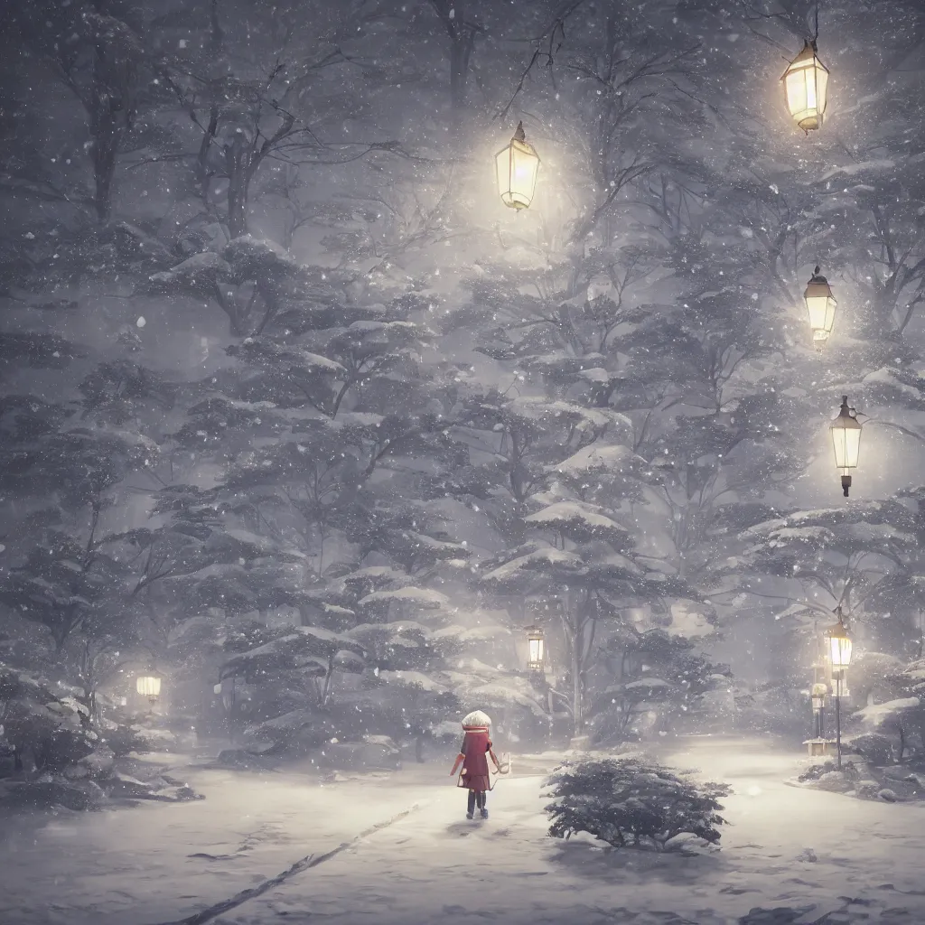 Prompt: beautiful scene render of return on a snowy night, carrying a lantern, chinese ink painting style, unreal engine, global illumination, radiant light, detailed and intricate environment ， trending onstudio ghibli ， highly detailed, octane render, 8 k