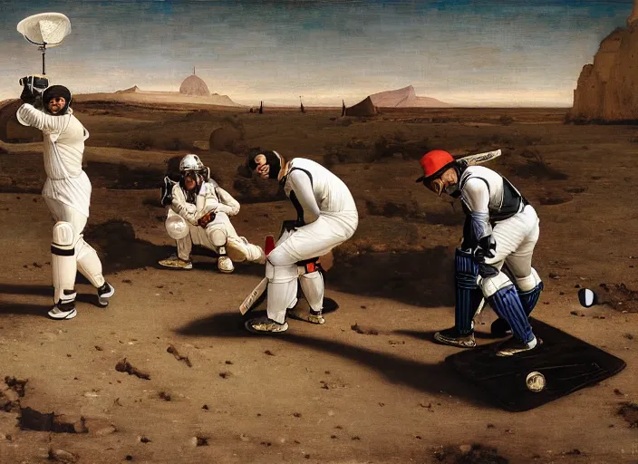 Image similar to a cricket match on the moon by edgar maxence and caravaggio and michael whelan and delacroix style, artistic, intricate painting, cinematic lighting, hyper realistic, extremely detailed, establishing shot, 8 k resolution, dramatic lighting