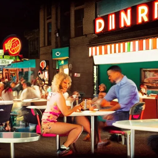 Image similar to diner scene, bottom left of photo is a black couple arguing, bottom right of photo is a white man reading a book, centre of photo is a waitress on rollerskates, top of photo is a neon sign saying breakfast