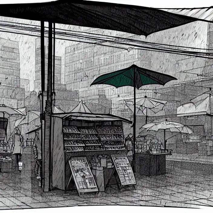 Prompt: close view of a tiny market stall. folded umbrellas for sale on the stall. set in a square. background of an old soviet monument. storyboard, scifi cyberpunk. by gabriel hardman, joe alves, chris bonura. cinematic atmosphere, detailed and intricate, perfect anatomy