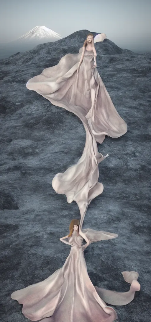 Image similar to a beautiful hyperrealistic ultradetailed 3D render ,one girl in a magnificent dress stands near a volcano, voge photo, fashion style, Annie Leibovitz photostyle, afar, fullbody, in full growth, photorealistic, high resolution, trending on artstation, highly detailed, volumetric lighting, octane render, wide angle,artstation, concept art, master illustration, elegant, details, good clear quality, volumetric lighting,