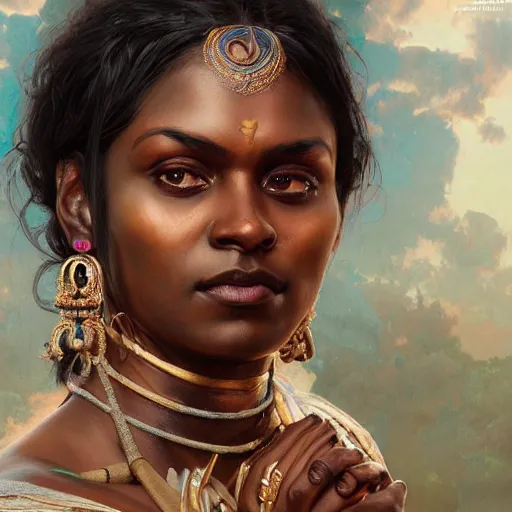 Prompt: portrait painting of a black muscular south indian woman, sari, ultra realistic, concept art, intricate details, eerie, horror, highly detailed, photorealistic, octane render, 8 k, unreal engine. art by artgerm and greg rutkowski and alphonse mucha