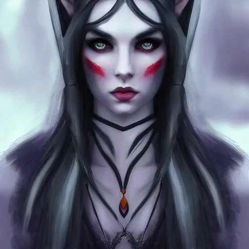 Image similar to Digital portrait of a beautiful half-elf half-vampire young woman. Her hair have black and white strands. Red irises, vertical pupils. Award-winning digital art, trending on ArtStation