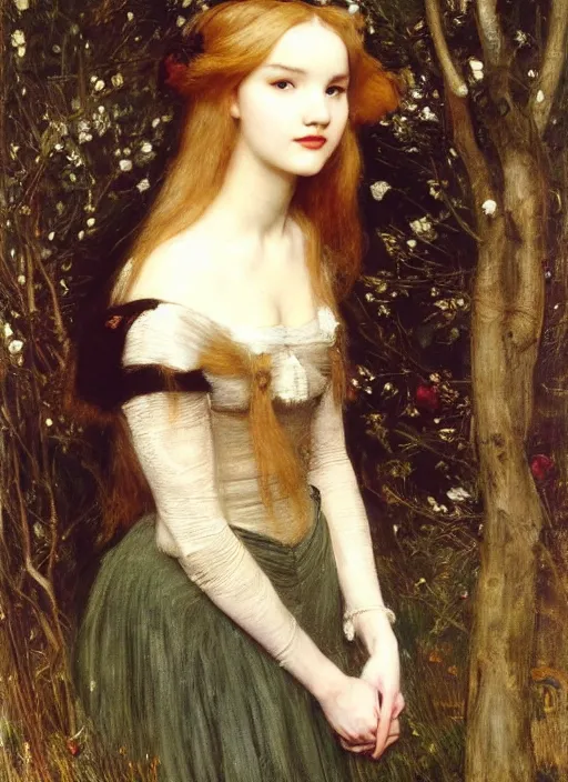 Prompt: a beautiful painting of dove cameron by john everett millais and dante gabriel rossetti and john collier and john william waterhouse, preraphaelite, detailed, trending on artstation, hd, masterpiece