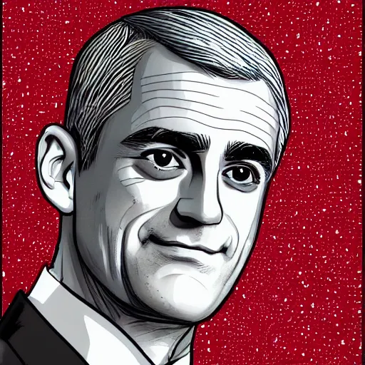 Image similar to digital illustration of secretary of denis mcdonough face, cover art of graphic novel, eyes replaced by glowing lights, glowing eyes, flashing eyes, balls of light for eyes, evil laugh, menacing, villain, clean lines, clean ink