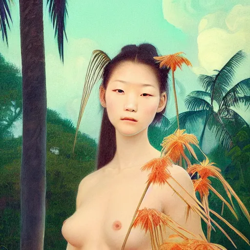 Prompt: a ultradetailed beautiful painting of a german japanese girl in amazonas by hsiao ron cheng, ngai victo, nivanh chanthara jean delville wlop and dougherty patrick, trending on artstation, mediterranean, palm trees, light sparkles, major arcana sky, sharp focus, soft light