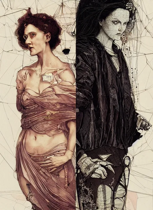 Image similar to marie curie, eun emerging from renaissance italy into a cyberpunk mutiversal realm by conrad roset, nicola samuri, dino valls, m. w. kaluta, jakub rebelka, rule of thirds, seductive look, beautiful