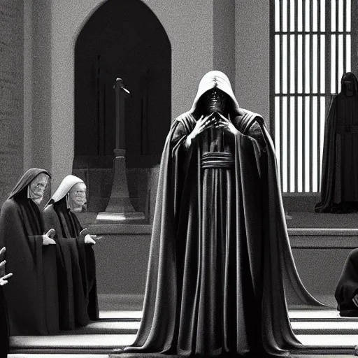 Image similar to emperor palpatine preaching to people at church, 8k cinematic lighting, very sharp detail, anatomically correct