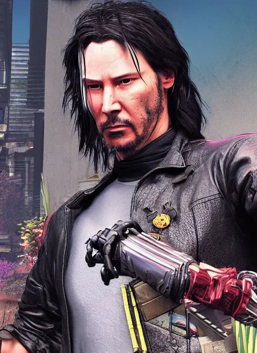 Image similar to wake up samurai, solarpunk, lots of plants, gardening, permaculture, keanu reeves as johnny silverhand, cyberpunk 2 0 7 7, anarchy, realistic, ultra detailed, face enhance