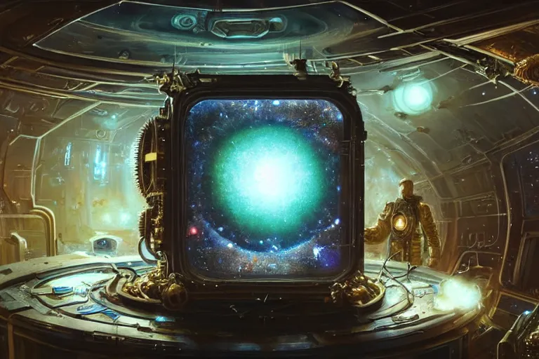 Image similar to A very highly detailed steampunk galaxy inside a resin cube on the table of a very highly detailed smooth futuristic lab digital concept art by Greg Rutkowski, neofuturistic highly detailed, digital concept art, Dimensional cyan gold natural light, sharp focus, realistic concept art by Stephen Hickman and James Gurney and Hiromasa Ogura rendered in Octane Render, From the distance