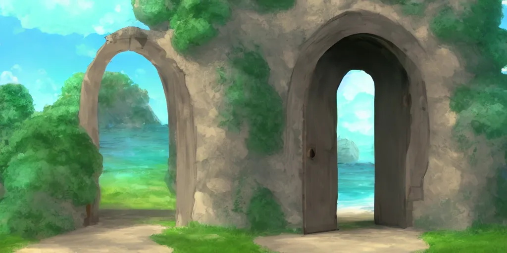 Prompt: a cell - shaded studio ghibli concept art study of a dimensional portal doorway. water is flowing out of the portal. very dull colors, hd, 4 k, hq