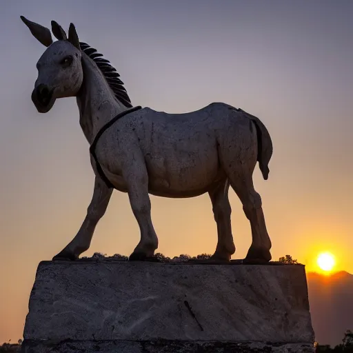 Prompt: A marble statue of a donkey, hyper-realistic, 8K HDR, sunset.