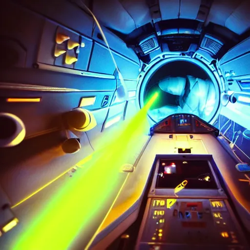 Image similar to ultra wide angle view of pilot in a futuristic sci - fi space ship in a space laser battle, stunning, dramatic, detailed, hyperrealistic photography