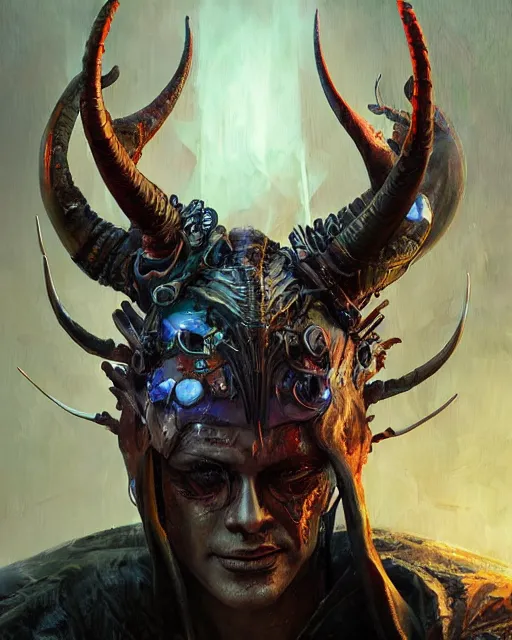 Prompt: a painting of a demon with large horns, cyberpunk art by Android Jones, zbrush central contest winner, fantasy art, apocalypse art, detailed painting, intricate