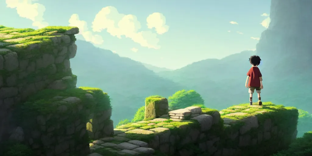 Image similar to a small boy walking over big stone blocks, just over the precipice, studio ghibli, pixar and disney animation, sharp, rendered in unreal engine 5, anime key art by greg rutkowski, bloom, dramatic lighting