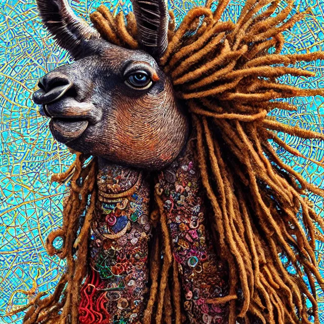 Image similar to llama with dreadlocks, detailed, by ernst haeckel, james jean, el anatsui, mandy jurgens