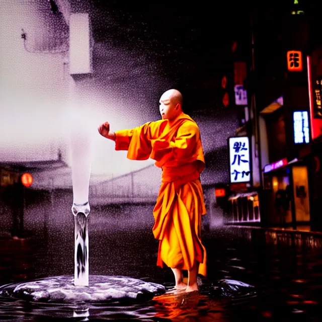 Image similar to cyber monk water dance supreme water fist, detailed animal form water, fighting stance energy, shibuya prefecture, cinematic neon uplighting, fog mist smoke, photorealistic, night photography by tomino - sama