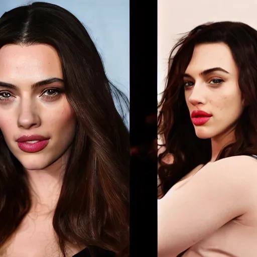 Image similar to a woman who is a genetic combination of kim kardashian and kat dennings and scarlett johansson and margot robbie and emma watson, face and upper - body focus, detailed eyes