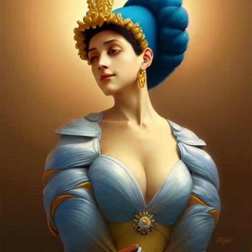 Image similar to marge simpson, intricate, elegant, highly detailed, digital painting, artstation, concept art, smooth, sharp focus, illustration, art by artgerm and greg rutkowski and alphonse mucha and william - adolphe bouguereau