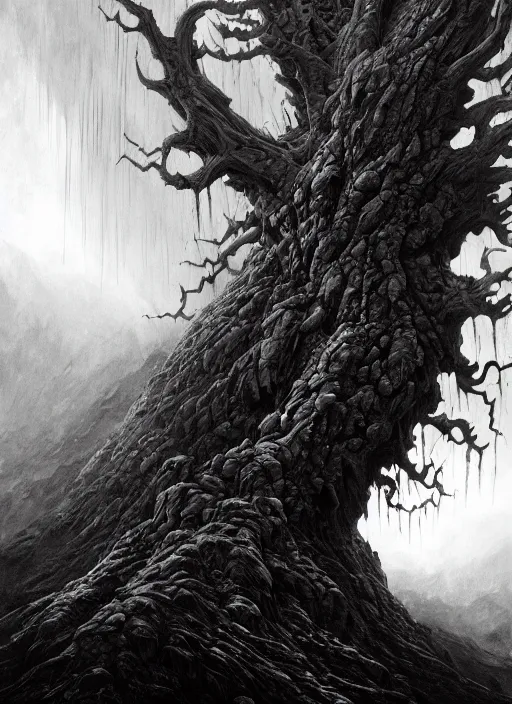 Image similar to close up portrait of a monster tree in the scary mountains of hell, oil painting by tomasz jedruszek and nicolas delort, cinematic lighting, pen and ink, intricate line, hd, 4 k, million of likes, trending on artstation