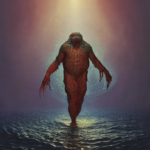 Image similar to photorealistic cryptid aquatic beast in the style of michael whelan and gustave dore. hyperdetailed photorealism, 1 0 8 megapixels, amazing depth, glowing rich colors, powerful imagery, psychedelic overtones, 3 d finalrender, 3 d shading, cinematic lighting, artstation concept art