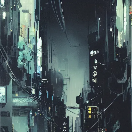 Image similar to blade runner dark narrow streets overhead cables ducts pipes monitors by ashley wood and phil hale, 4 k detailed post processing