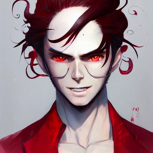 Prompt: semi realistic anime illustration of black top hat wearing red haired man, with beautiful hyperdetailed eyes, facing camera directly, full face portrait made by Stanley Artgerm, WLOP, Rossdraws, James Jean Andrei Riabovitchev, Marc Simonetti, Yoshitaka Amano, Artstation