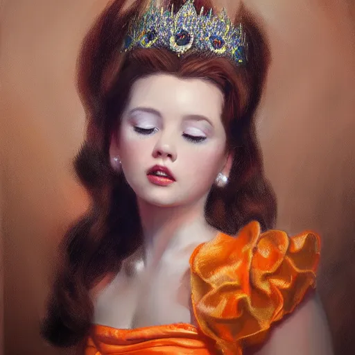 Image similar to An ultra realistic portrait painting of Princess Daisy wearing his orange dress and golden tiara, 4k, Ultrarealistic, Highly Detailed, Dark Fantasy, Epic Lighting