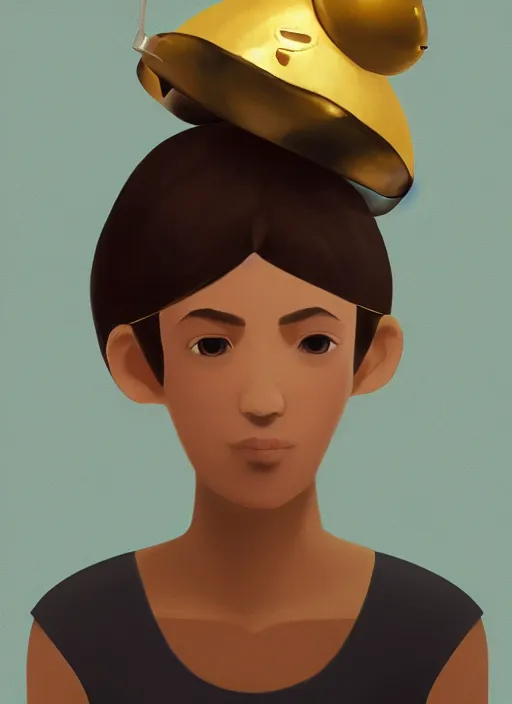 Prompt: a portrait of a beautiful girl in a gold foil hat, wearing VR headset, painted by Goro Fujita