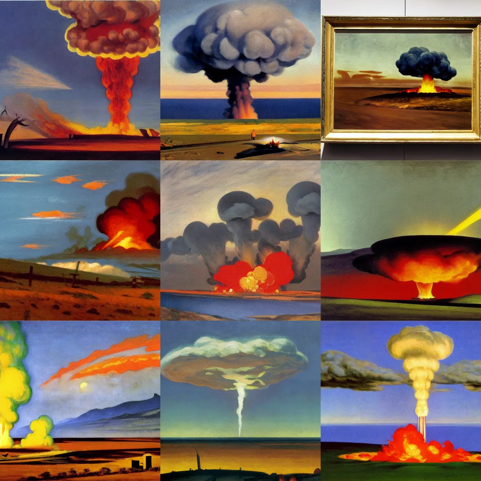 Prompt: nuclear bomb mushroom cloud, fire and explosions, detailed apocalyptic painting by edward hopper, 1 9 4 4.