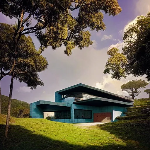 Image similar to modernist house inspired by a tibetan palace, on a green hill between big trees, colorful clouds, dramatic lighting, artstation, matte painting, raphael lacoste, simon stalenhag, frank lloyd wright, zaha hadid