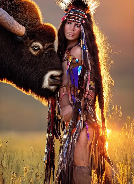 Image similar to hyper detailed realistic photo of an American Indian warrior princess wearing a headdress, in a field with a bison at sunset, long black hair, hd, 8k, muted colors,award winning photography