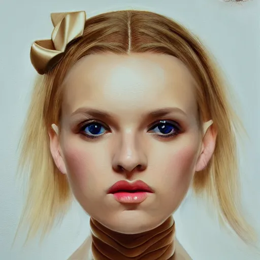 Prompt: a symmetrical portrait of a blonde woman with bows, oil painting, pale colors, high detail, 8 k, wide angle, trending on artstation,