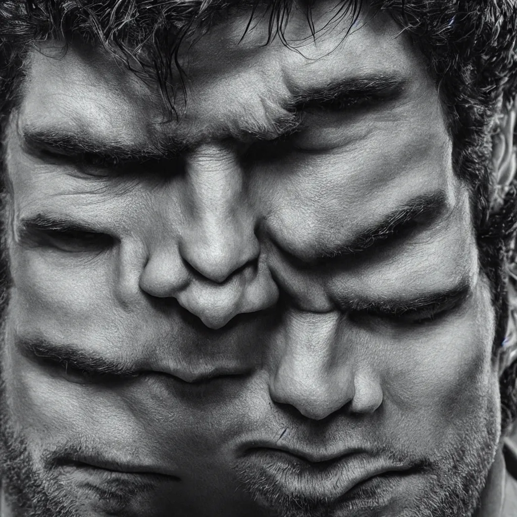 Image similar to ultra realistic detailed pen drawing of the incredible hulk face, eric bana, marvel cinematic universe, dramatic lighting, fine texture, fine hair strands, green skin, photo realism