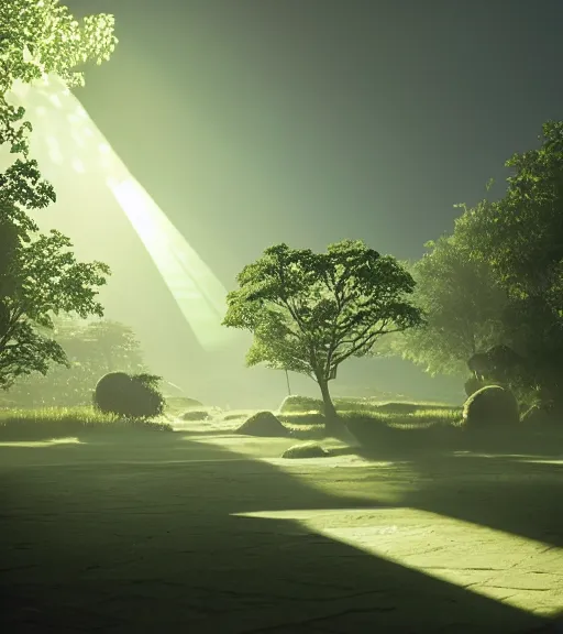 Image similar to green cross lights in the artic, volumetric lighting, fog, majestic light, octane render, ethereal glare of the sun, hyperrealistic, epic, masterpiece, by makoto shinkai, by peter zumthor