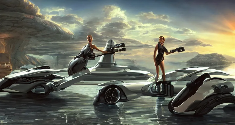 Image similar to a decadent futuristic sportscar designed by pinifarina and a female robot holding a bazooka at a lake in ancient greece, hdr, hyperrealistic, photorealistic, bokeh, volumetric lighting, sunrise background, production i. g. studios syd mead style