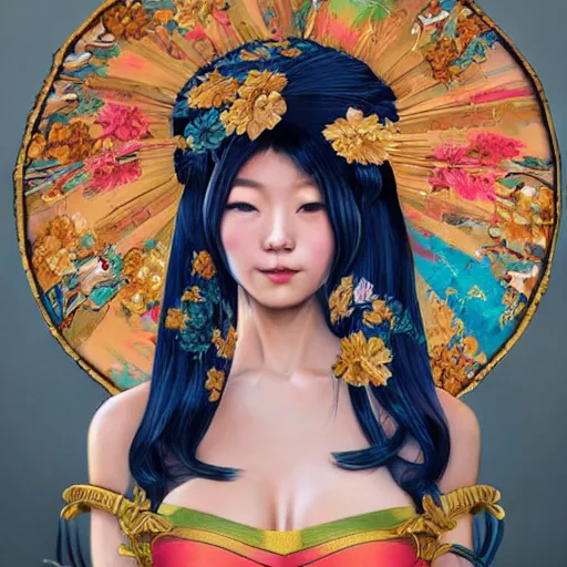 Image similar to Very very very very highly detailed epic central composition studio photography of A Japanese geisha in a colorful bikini, intricate, medieval, extremely detailed, digital painting, artstation, concept art, smooth, sharp focus, illustration, studio lighting, incredible art by Anna Dittmann and Anton Pieck