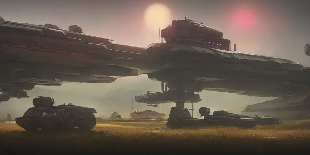 Image similar to a militarised spaceship parked near a a kerala village, establishing shot, action scene, photorealistic, 4k, matte painting, trending on artstation, cinematic by simon stalenhag, horizon forbidden west