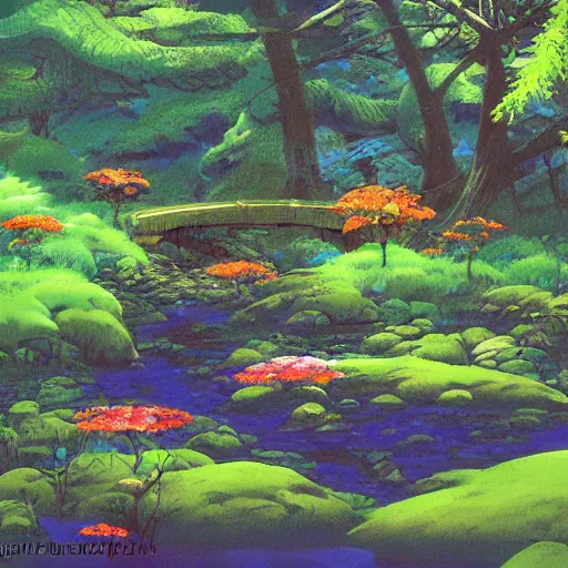 Prompt: meditation at the forest stream with flowers, digital painting masterpiece, haunting beautiful brush strokes, painted by Moebius and Hayao Miyazaki and Akira Toriyama
