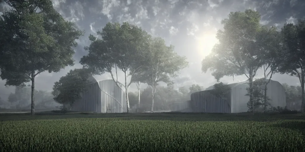 Image similar to large white sci-fi building, next to farm fields and trees, sense of hope, digital art, art station, volumetric lighting, extremely detailed