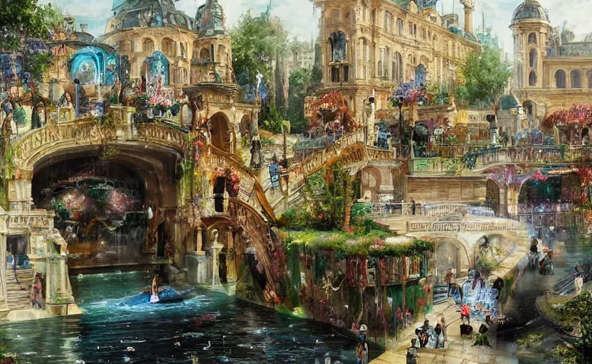 Image similar to An urban train rides inside of a waterway on a fantasy city, next to a fountain and a mystical palace. By Konstantin Razumov, horror scene, highly detailded