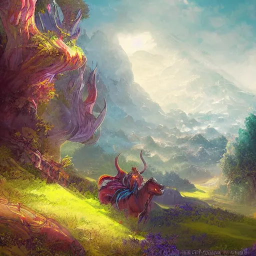 Image similar to fantasy book cover painting, a lively landscape in the country by Ross Tran