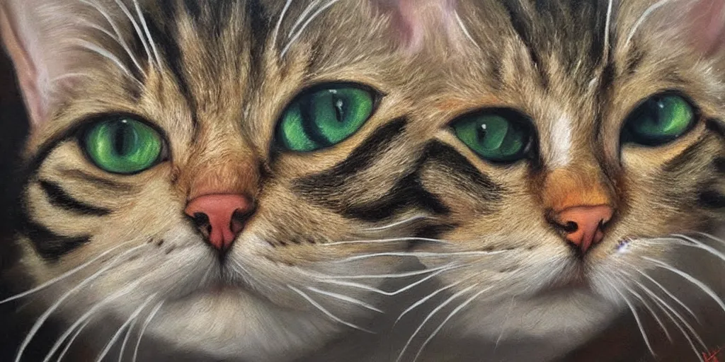 Prompt: oil painting of a very disappointed cat. hyperrealistic detail.