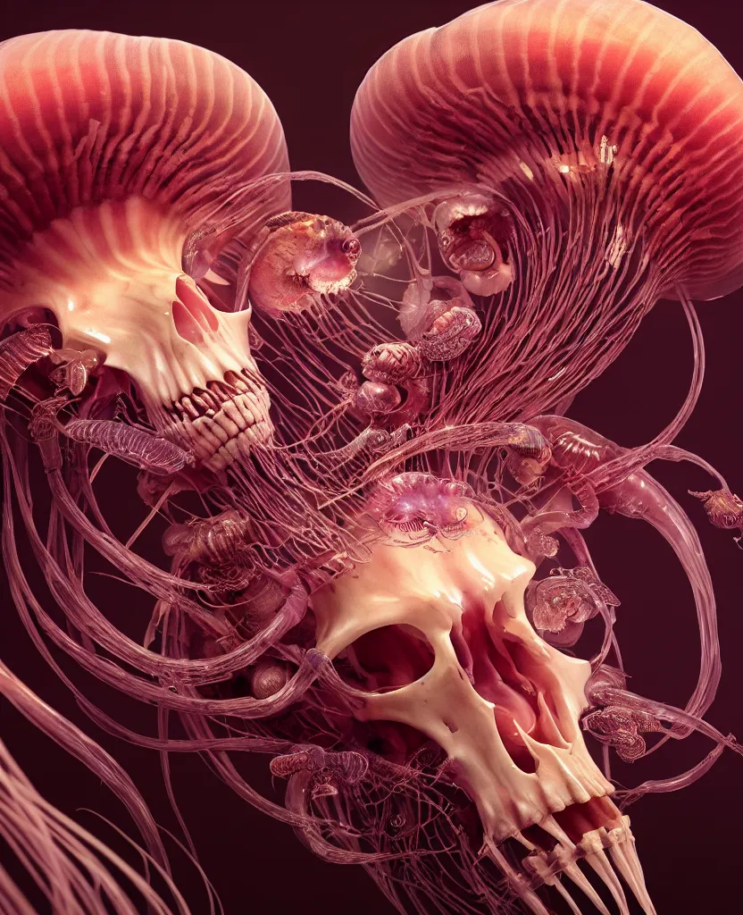 Image similar to goddess close-up portrait ram skull. jellyfish phoenix head, nautilus, orchid, skull, betta fish, bioluminiscent creatures, intricate artwork by Tooth Wu and wlop and beeple. octane render, trending on artstation, greg rutkowski very coherent symmetrical artwork. cinematic, hyper realism, high detail, octane render, 8k