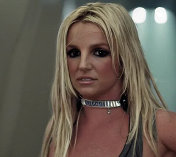 Prompt: a movie still of britney spears as a cuffed prisoner in the movie star wars