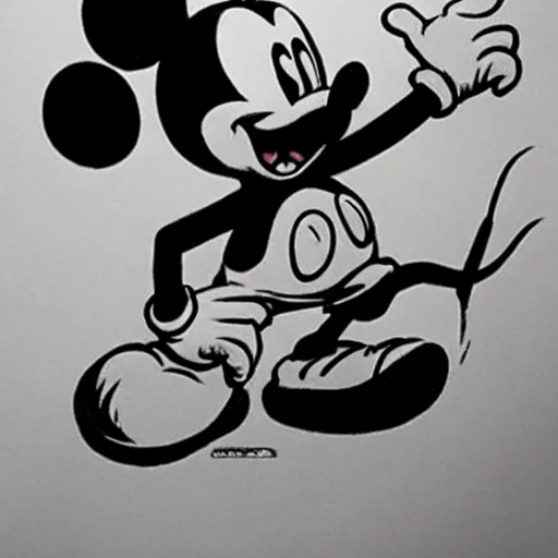 Prompt: Mickey Mouse with a malevolent smile, Yoji Shinkawa, Manga art, style of Ink